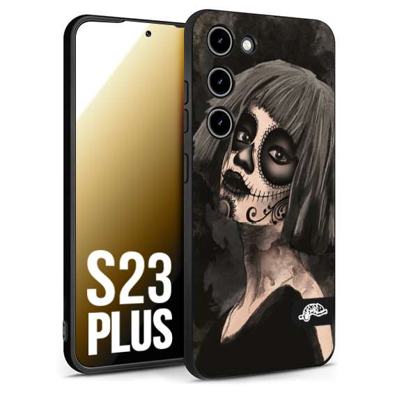 CUSTOMIZZA - Custodia cover nera morbida in tpu compatibile per Samsung S23 PLUS chicana messicana dea de la muerte donna santa tattoo disegnata