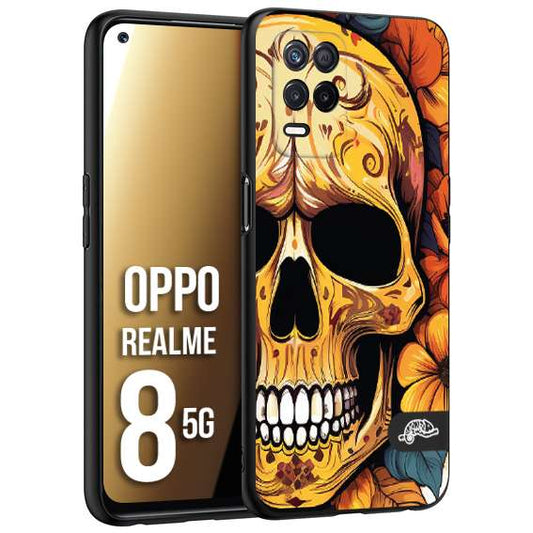 CUSTOMIZZA - Custodia cover nera morbida in tpu compatibile per Oppo Realme 8 5G teschio messicano colorato dorato fiori autunnali disegnato