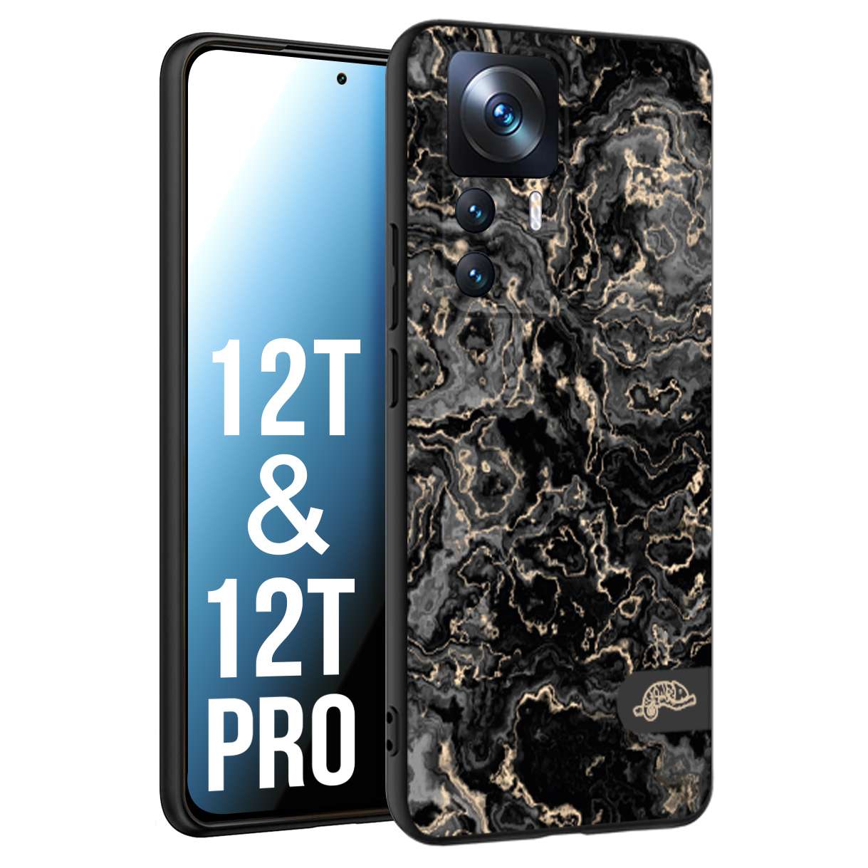 CUSTOMIZZA - Custodia cover nera morbida in tpu compatibile per Xiaomi 12T - 12T PRO effetto marmo marble nero black venature dorato pietra