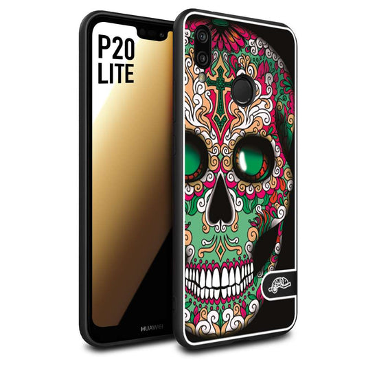 CUSTOMIZZA - Custodia cover nera morbida in tpu compatibile per Huawei P20 LITE teschio messicano Mexican skull verde fucsia