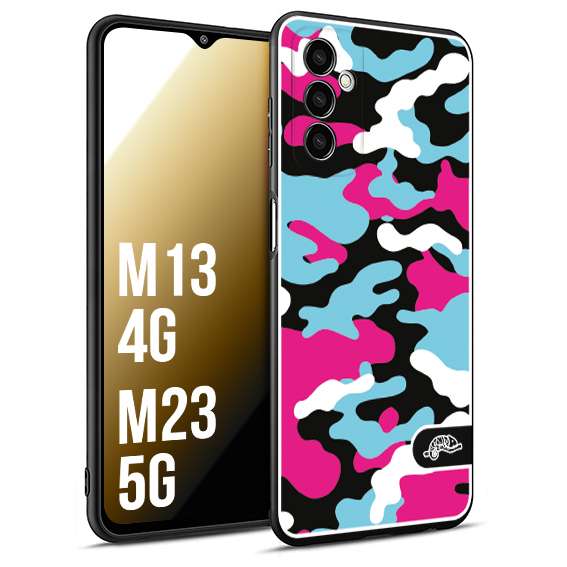 CUSTOMIZZA - Custodia cover nera morbida in tpu compatibile per Samsung M13 4G - M23 5G camouflage mimetico militare fucsia celeste