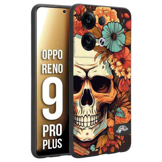 CUSTOMIZZA - Custodia cover nera morbida in tpu compatibile per Oppo Reno 9 PRO PLUS teschio skull flowers fiori autunnali arancio celeste tattoo