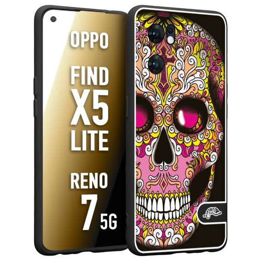 CUSTOMIZZA - Custodia cover nera morbida in tpu compatibile per Oppo Reno 7 - Find X5 LITE teschio messicano Mexican skull rosa gialla