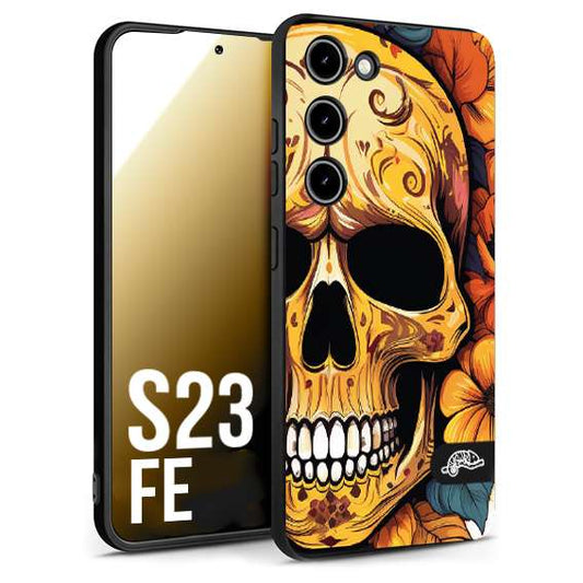 CUSTOMIZZA - Custodia cover nera morbida in tpu compatibile per Samsung S23 FE teschio messicano colorato dorato fiori autunnali disegnato