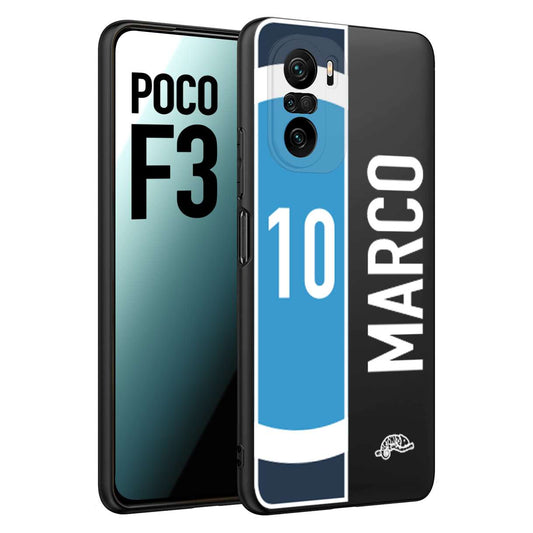 CUSTOMIZZA - Custodia cover nera morbida in tpu compatibile per Xiaomi Poco F3 personalizzata calcio football nome e numero calciatori biancoazzurri bianco celesti