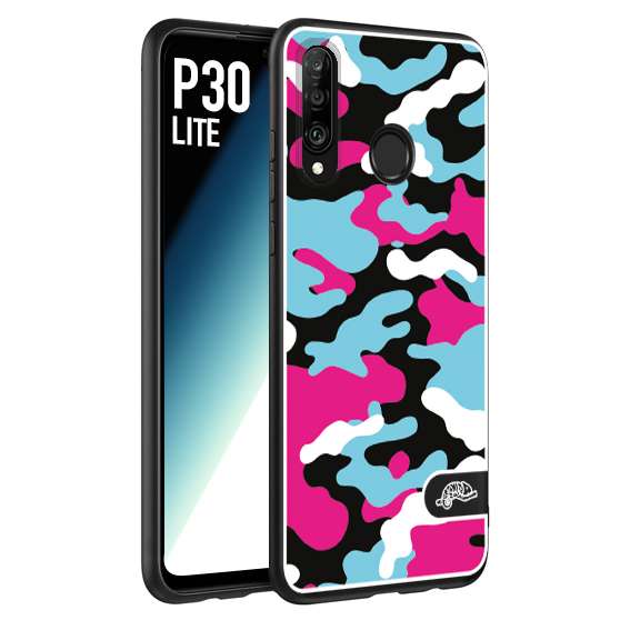 CUSTOMIZZA - Custodia cover nera morbida in tpu compatibile per Huawei P30 LITE camouflage mimetico militare fucsia celeste