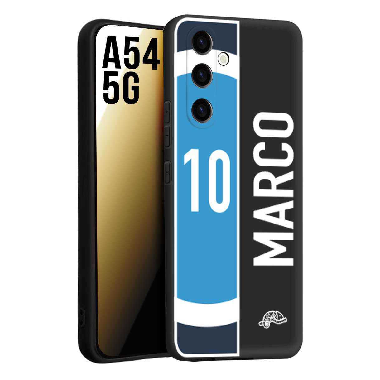 CUSTOMIZZA - Custodia cover nera morbida in tpu compatibile per Samsung A54 5G personalizzata calcio football nome e numero calciatori biancoazzurri bianco celesti