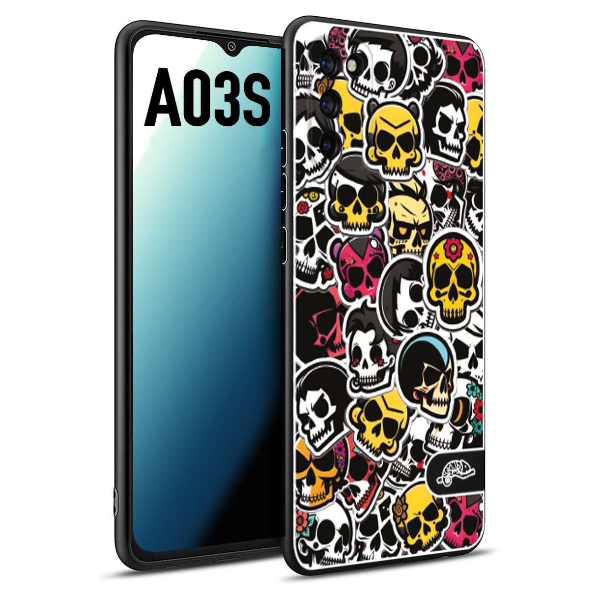 CUSTOMIZZA - Custodia cover nera morbida in tpu compatibile per Samsung A03S sticker bomb teschi colorati adesivi skulls skater snowboard