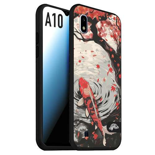 CUSTOMIZZA - Custodia cover nera morbida in tpu compatibile per Samsung A10 giapponese lago carpa koi rossa con foglie d'acero rosso disegnata tattoo