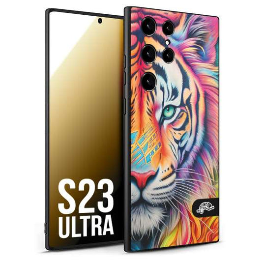 CUSTOMIZZA - Custodia cover nera morbida in tpu compatibile per Samsung S23 ULTRA animali color tigre tiger viso colori vibranti disegnato schizzo