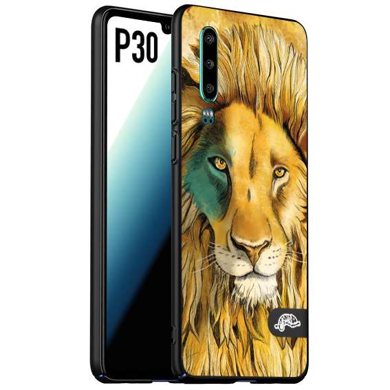 CUSTOMIZZA - Custodia cover nera morbida in tpu compatibile per Huawei P30 leone lion disegnato a mano giallo blu a rilievo artistico brown