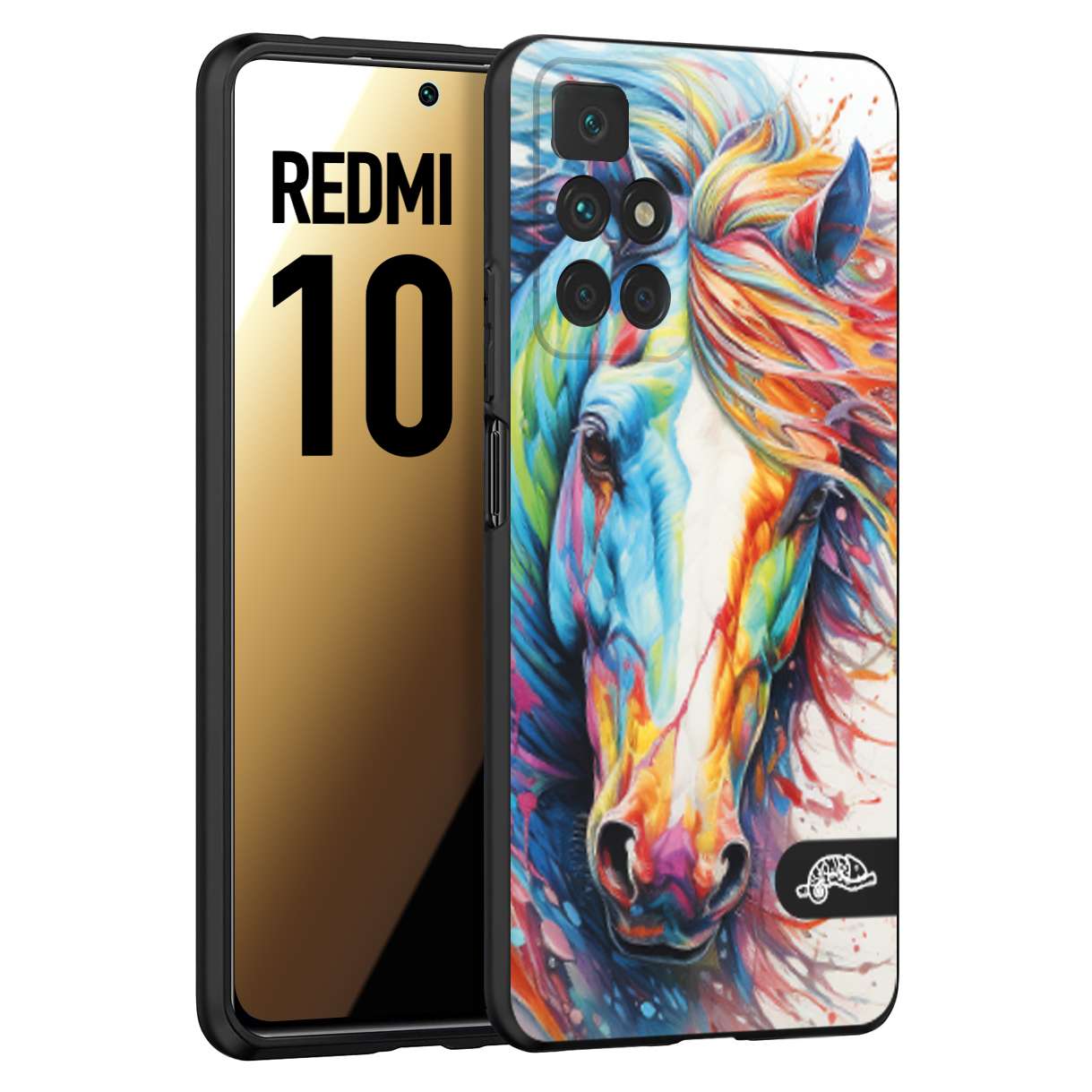 CUSTOMIZZA - Custodia cover nera morbida in tpu compatibile per Xiaomi Redmi 10 animali color cavallo horse viso colori vibranti disegnato schizzo