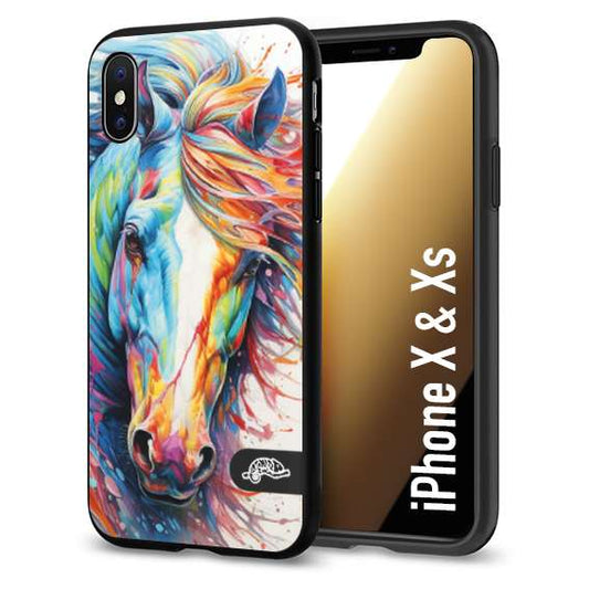 CUSTOMIZZA - Custodia cover nera morbida in tpu compatibile per iPhone X - Xs animali color cavallo horse viso colori vibranti disegnato schizzo