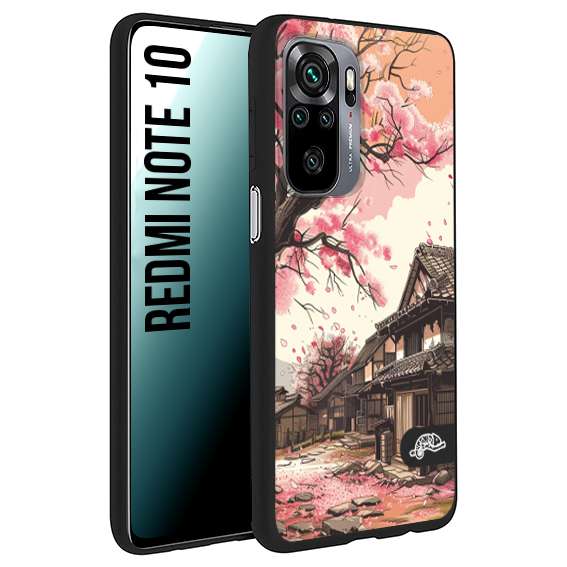 CUSTOMIZZA - Custodia cover nera morbida in tpu compatibile per Xiaomi Redmi Note 10 casa giapponese rosa ciliegio in fiore disegnata tattoo