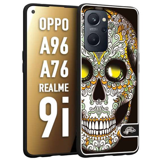 CUSTOMIZZA - Custodia cover nera morbida in tpu compatibile per Oppo Realme 9i - A96 - A76 teschio messicano Mexican skull bianco verde giallo