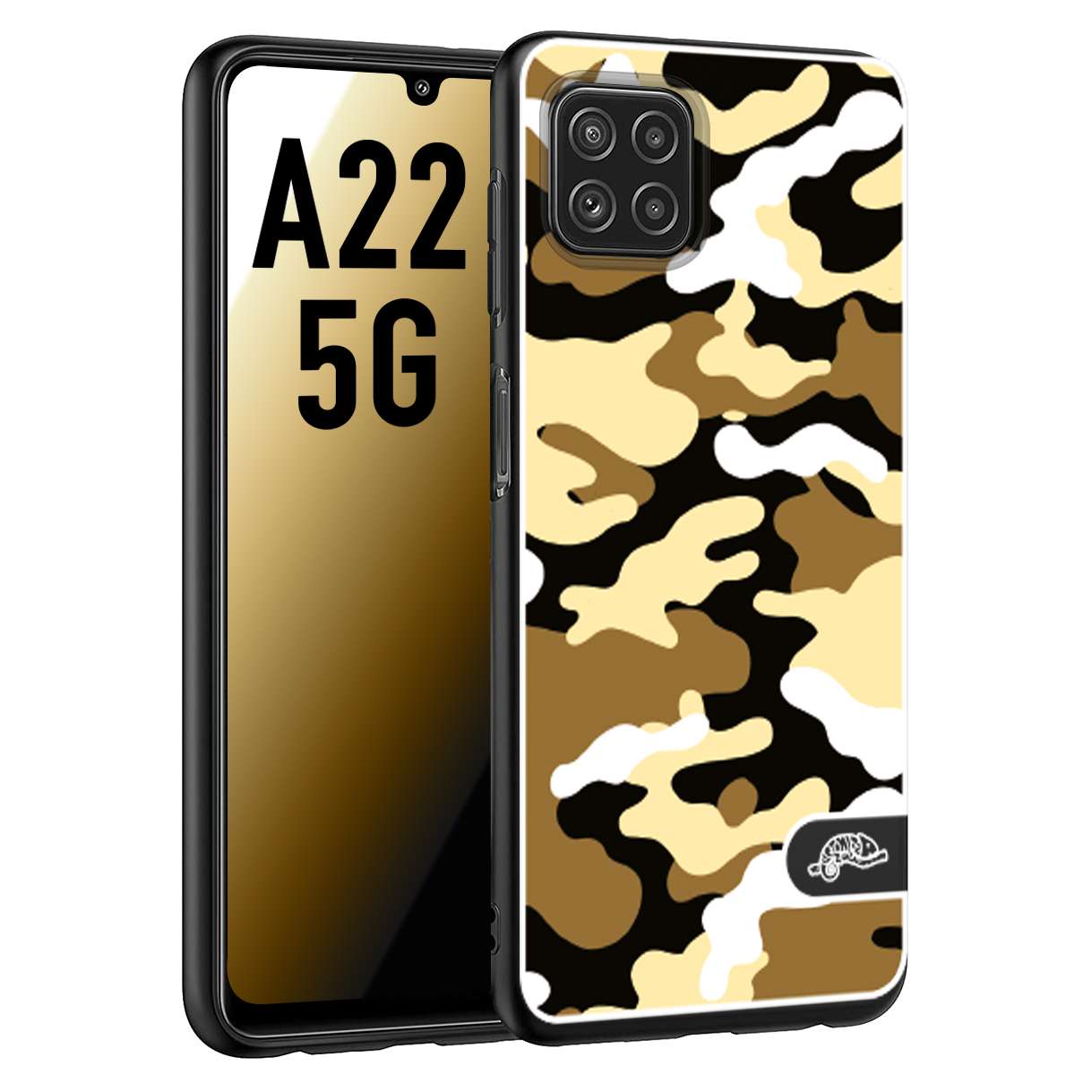 CUSTOMIZZA - Custodia cover nera morbida in tpu compatibile per Samsung A22 5G camouflage mimetico militare giallo desert brown