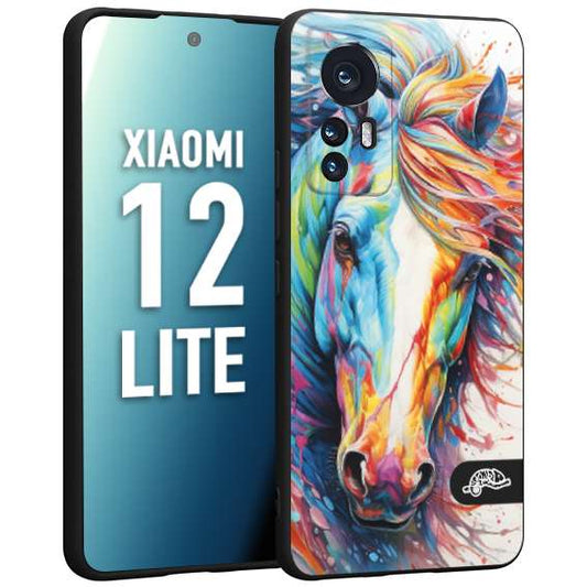 CUSTOMIZZA - Custodia cover nera morbida in tpu compatibile per Xiaomi 12 LITE animali color cavallo horse viso colori vibranti disegnato schizzo