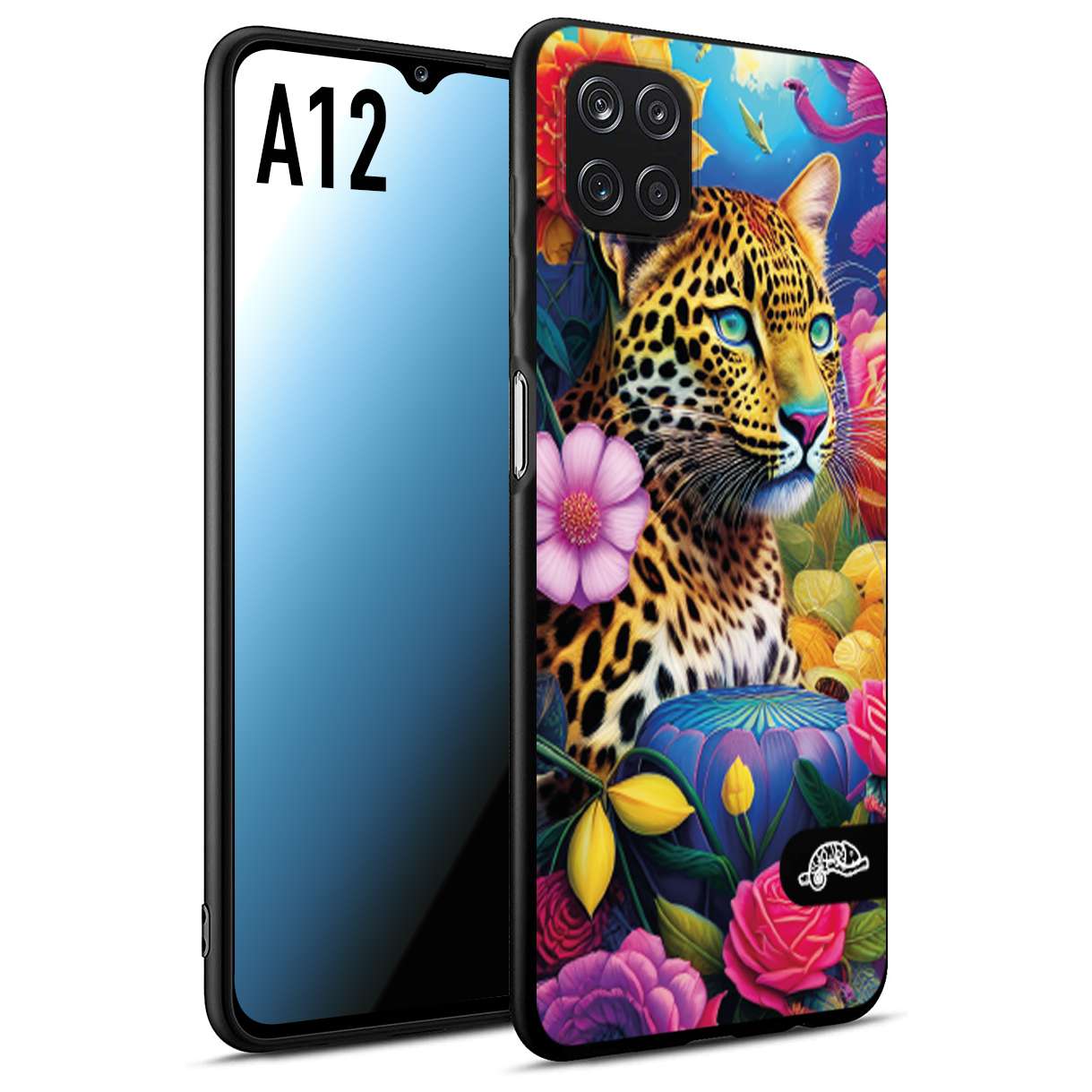 CUSTOMIZZA - Custodia cover nera morbida in tpu compatibile per Samsung A12 fiori astratti donna flower fantasia leopardo ghepardo animali colorati