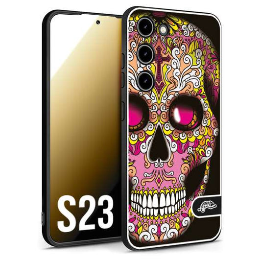 CUSTOMIZZA - Custodia cover nera morbida in tpu compatibile per Samsung S23 teschio messicano Mexican skull rosa gialla