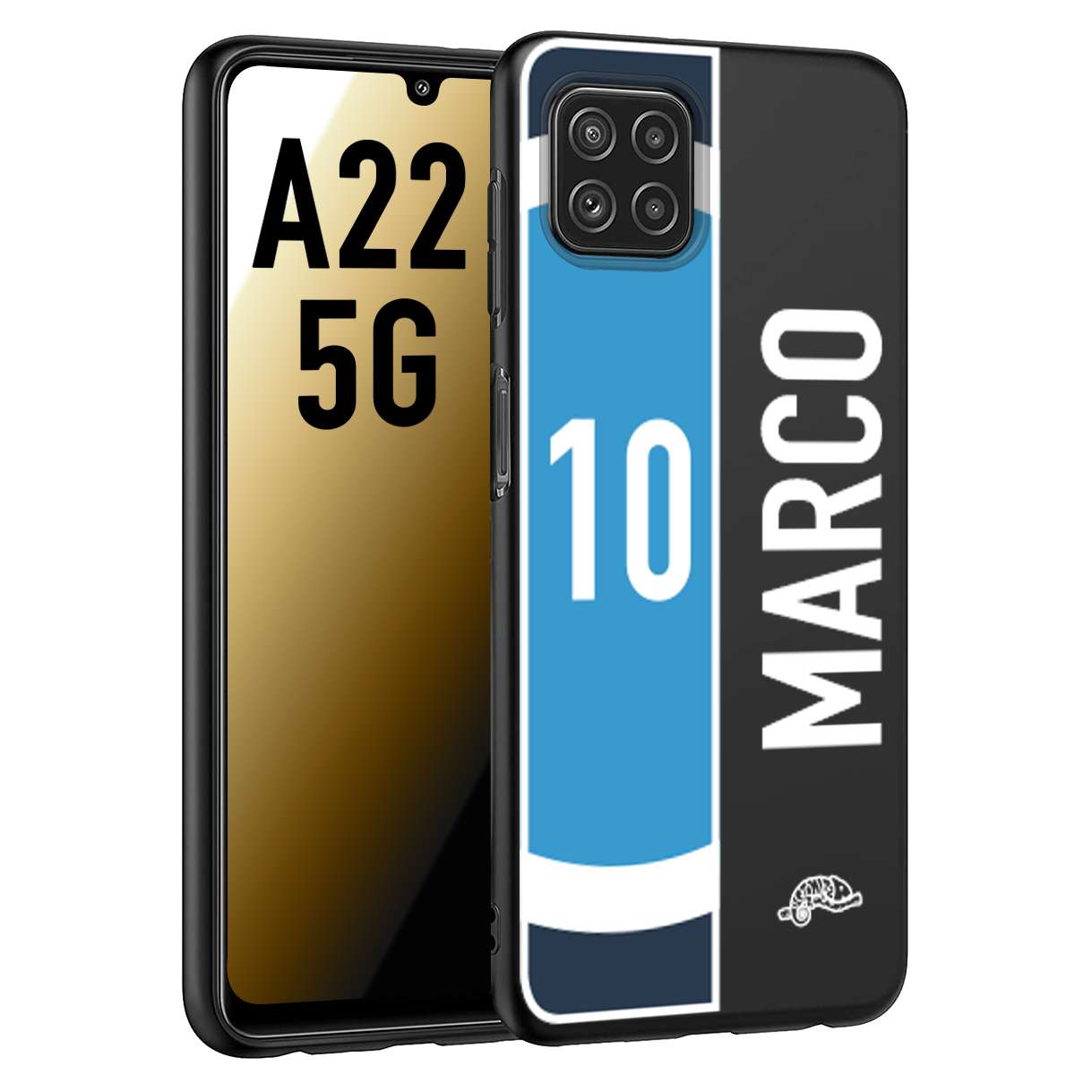 CUSTOMIZZA - Custodia cover nera morbida in tpu compatibile per Samsung A22 5G personalizzata calcio football nome e numero calciatori biancoazzurri bianco celesti