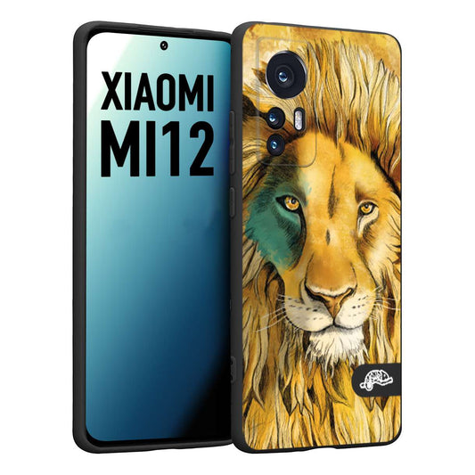 CUSTOMIZZA - Custodia cover nera morbida in tpu compatibile per Xiaomi 12 5G leone lion disegnato a mano giallo blu a rilievo artistico brown