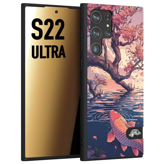 CUSTOMIZZA - Custodia cover nera morbida in tpu compatibile per Samsung S22 ULTRA giapponese lago carpa koi rosa con foglie d'acero disegnata tattoo