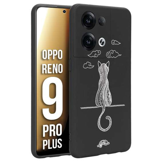 CUSTOMIZZA - Custodia cover nera morbida in tpu compatibile per Oppo Reno 9 PRO PLUS gatto mandala stilizzato gattino a rilievo soft touch donna bianca