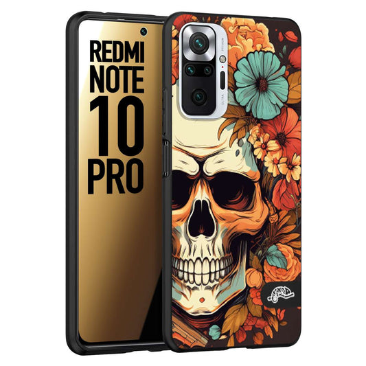 CUSTOMIZZA - Custodia cover nera morbida in tpu compatibile per Xiaomi Redmi Note 10 PRO teschio skull flowers fiori autunnali arancio celeste tattoo