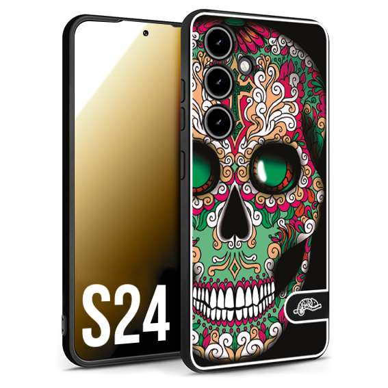 CUSTOMIZZA - Custodia cover nera morbida in tpu compatibile per Samsung S24 teschio messicano Mexican skull verde fucsia