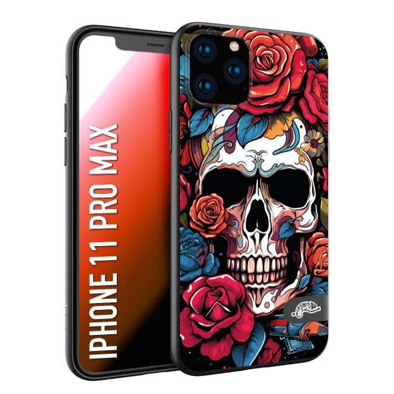 CUSTOMIZZA - Custodia cover nera morbida in tpu compatibile per iPhone 11 PRO MAX teschio skull flowers fiori rose rosse tattoo disegnato