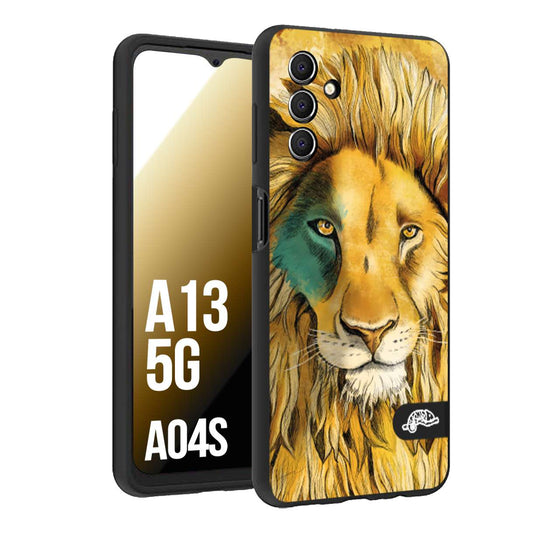 CUSTOMIZZA - Custodia cover nera morbida in tpu compatibile per Samsung A04S - A13 5G leone lion disegnato a mano giallo blu a rilievo artistico brown