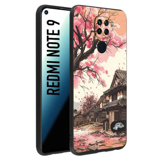 CUSTOMIZZA - Custodia cover nera morbida in tpu compatibile per Xiaomi Redmi Note 9 casa giapponese rosa ciliegio in fiore disegnata tattoo