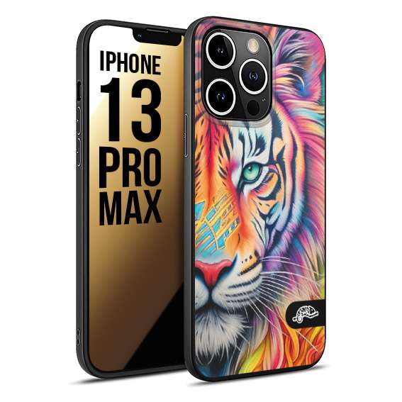 CUSTOMIZZA - Custodia cover nera morbida in tpu compatibile per iPhone 13 PRO MAX animali color tigre tiger viso colori vibranti disegnato schizzo