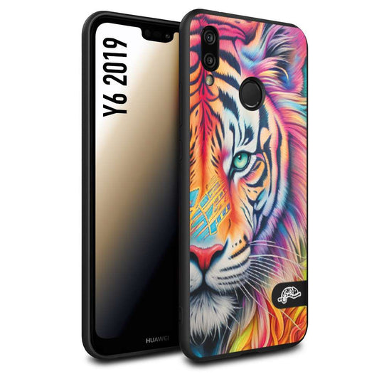 CUSTOMIZZA - Custodia cover nera morbida in tpu compatibile per Huawei Y6 2019 animali color tigre tiger viso colori vibranti disegnato schizzo