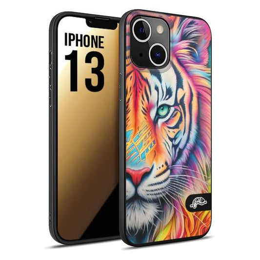 CUSTOMIZZA - Custodia cover nera morbida in tpu compatibile per iPhone 13 animali color tigre tiger viso colori vibranti disegnato schizzo