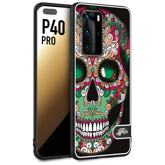 CUSTOMIZZA - Custodia cover nera morbida in tpu compatibile per Huawei P40 PRO teschio messicano Mexican skull verde fucsia