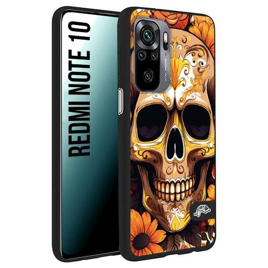 CUSTOMIZZA - Custodia cover nera morbida in tpu compatibile per Xiaomi Redmi Note 10 teschio messicano colorato dorato fiori tattoo disegnato