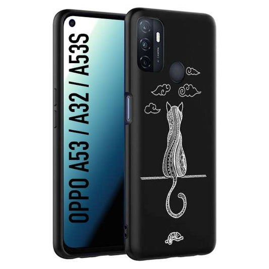 CUSTOMIZZA - Custodia cover nera morbida in tpu compatibile per Oppo A53 - A32 - A53S gatto mandala stilizzato gattino a rilievo soft touch donna bianca