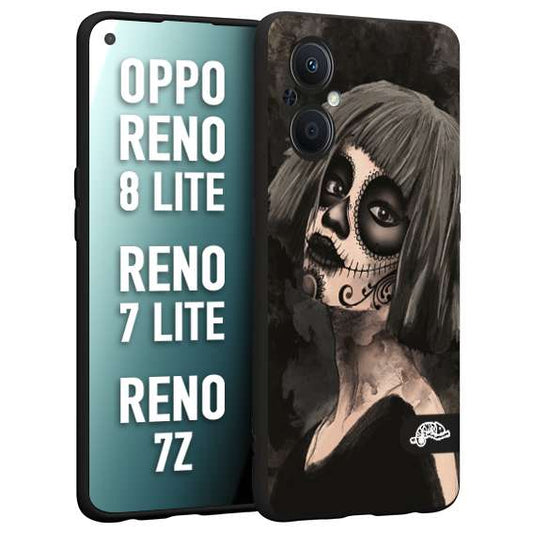 CUSTOMIZZA - Custodia cover nera morbida in tpu compatibile per Oppo Reno 7 Lite - 8 Lite - 7Z chicana messicana dea de la muerte donna santa tattoo disegnata
