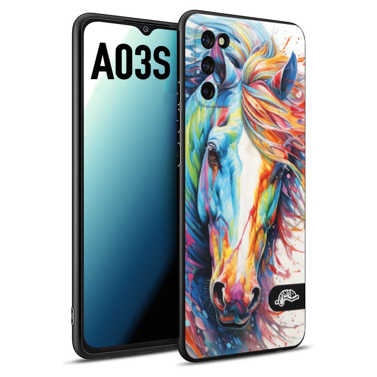 CUSTOMIZZA - Custodia cover nera morbida in tpu compatibile per Samsung A03S animali color cavallo horse viso colori vibranti disegnato schizzo