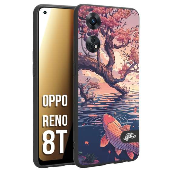 CUSTOMIZZA - Custodia cover nera morbida in tpu compatibile per Oppo Reno 8T giapponese lago carpa koi rosa con foglie d'acero disegnata tattoo