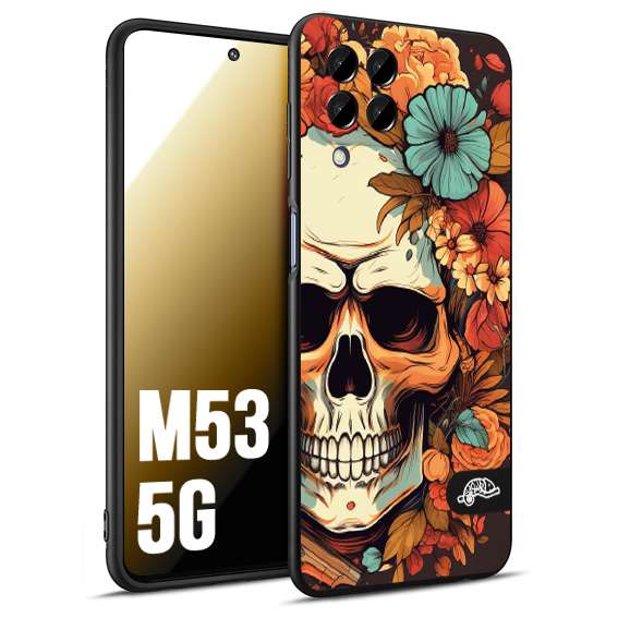 CUSTOMIZZA - Custodia cover nera morbida in tpu compatibile per Samsung M53 5G teschio skull flowers fiori autunnali arancio celeste tattoo