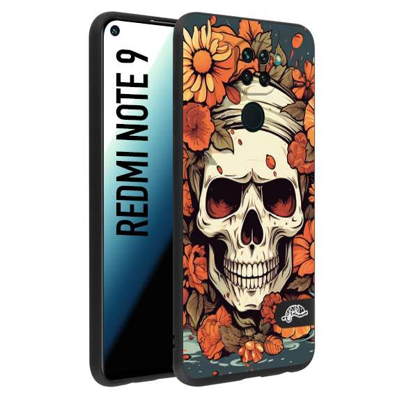 CUSTOMIZZA - Custodia cover nera morbida in tpu compatibile per Xiaomi Redmi Note 9 teschio skull flowers fiori tattoo disegnato alta definizione