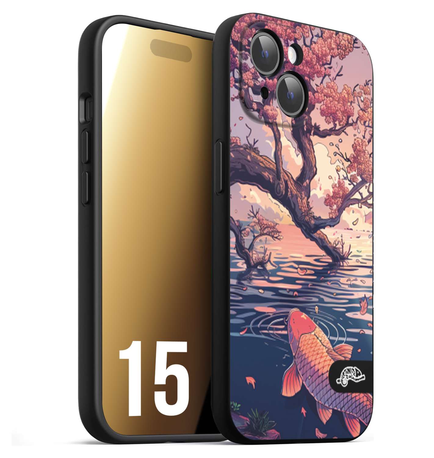 CUSTOMIZZA - Custodia cover nera morbida in tpu compatibile per iPhone 15 giapponese lago carpa koi rosa con foglie d'acero disegnata tattoo