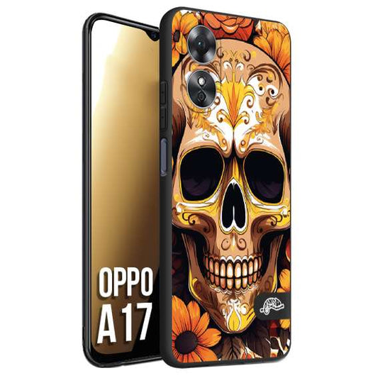 CUSTOMIZZA - Custodia cover nera morbida in tpu compatibile per Oppo A17 teschio messicano colorato dorato fiori tattoo disegnato