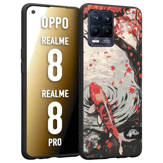 CUSTOMIZZA - Custodia cover nera morbida in tpu compatibile per Oppo Realme 8 - 8 PRO giapponese lago carpa koi rossa con foglie d'acero rosso disegnata tattoo