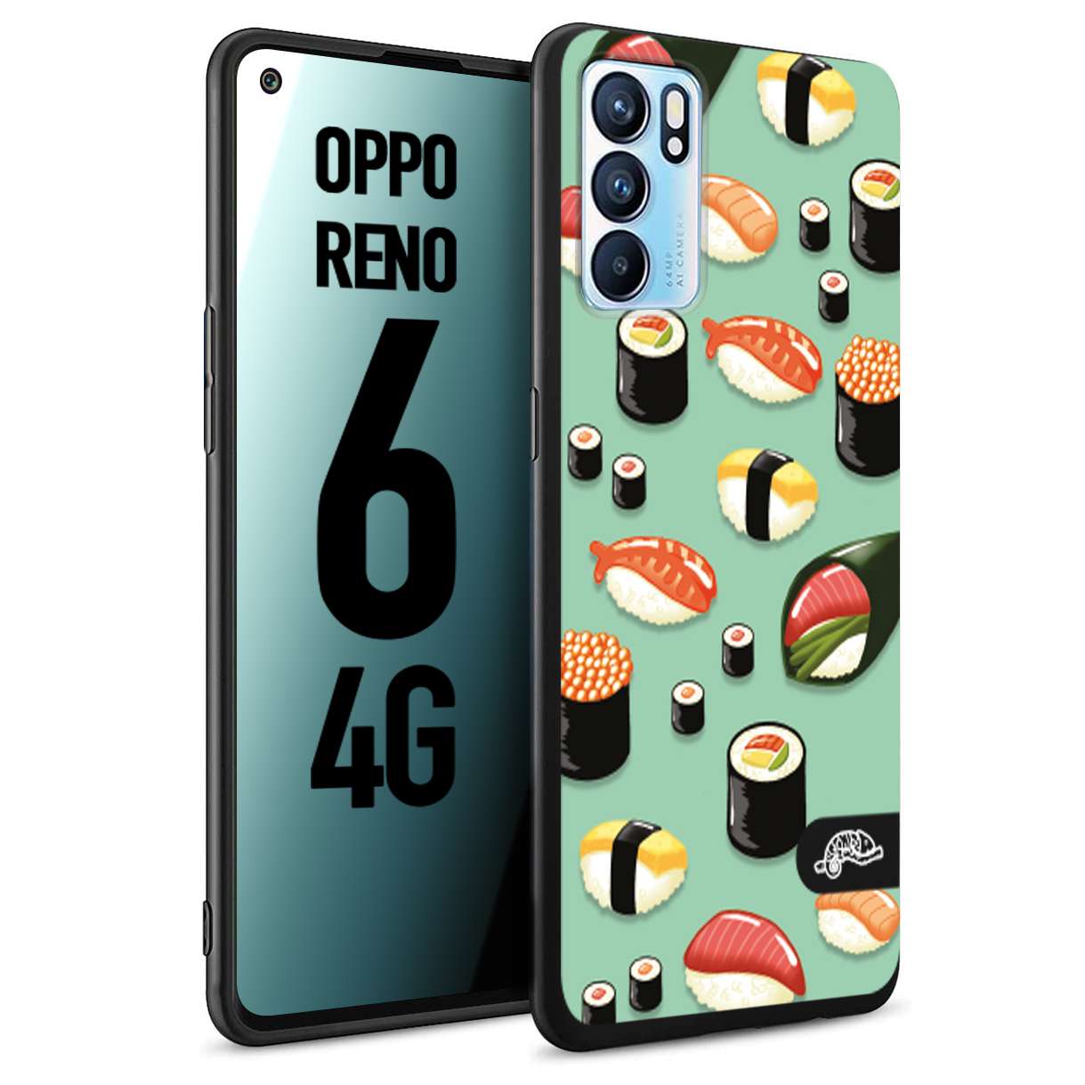 CUSTOMIZZA - Custodia cover nera morbida in tpu compatibile per Oppo Reno 6 4G sushi disegni giapponese nighiri acquamarina verde