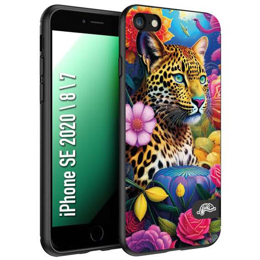 CUSTOMIZZA - Custodia cover nera morbida in tpu compatibile per iPhone 7 - 8 - SE 2020 / 2022 fiori astratti donna flower fantasia leopardo ghepardo animali colorati