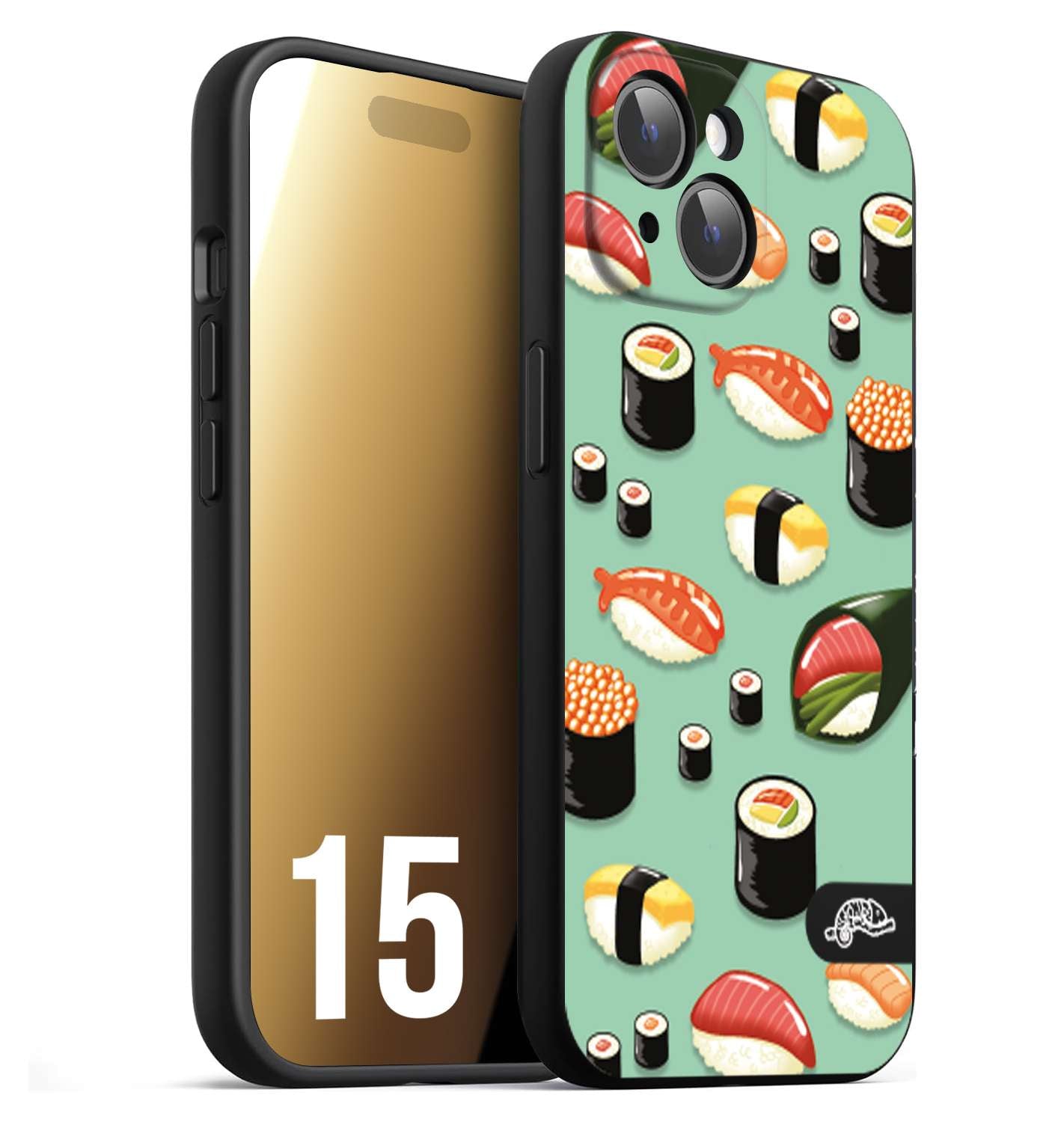 CUSTOMIZZA - Custodia cover nera morbida in tpu compatibile per iPhone 15 sushi disegni giapponese nighiri acquamarina verde