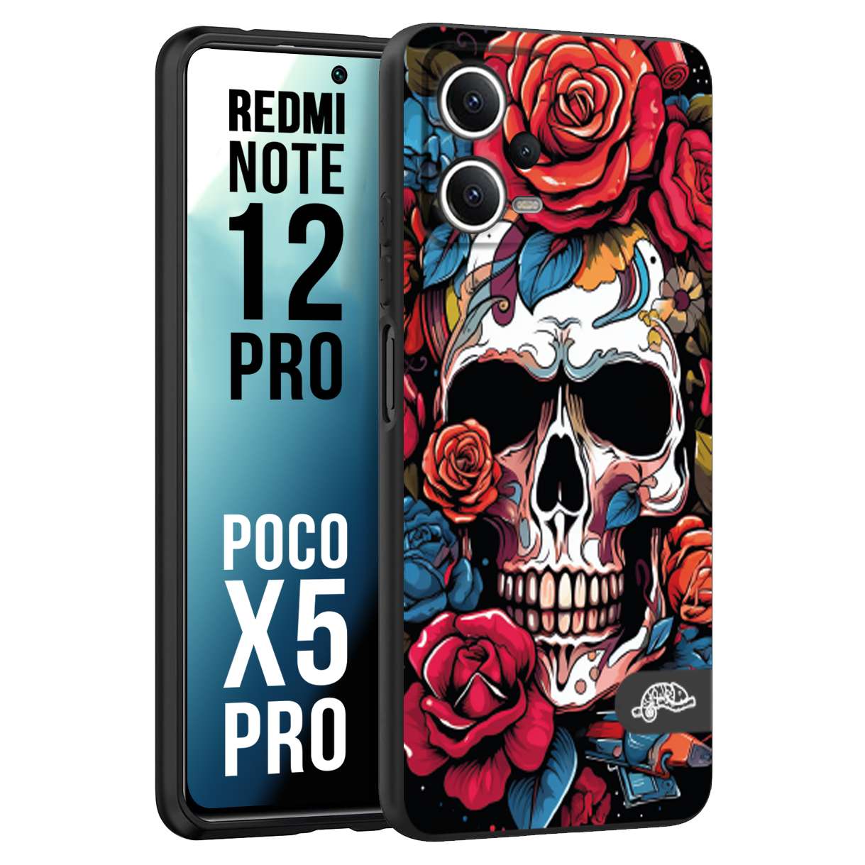 CUSTOMIZZA - Custodia cover nera morbida in tpu compatibile per Xiaomi Redmi Note 12 PRO - POCO X5 PRO teschio skull flowers fiori rose rosse tattoo disegnato